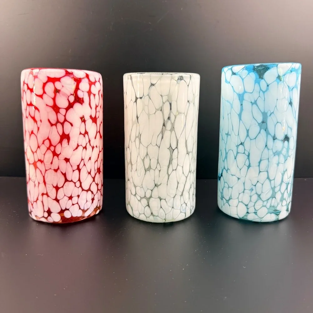 Hand Blown Red White Blue Pebble Art Glass Highball Tumblers 6.5
